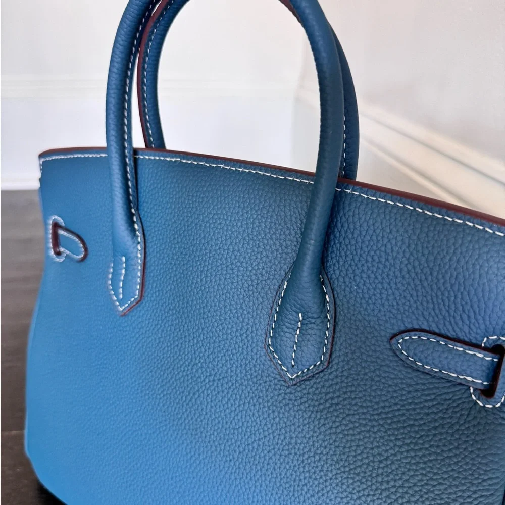 Blue Leather Top-Handle Satchel with Gold Hardware
